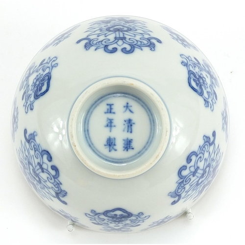 367 - Chinese blue and white porcelain footed bowl hand painted with flowers, six figure character marks t... 