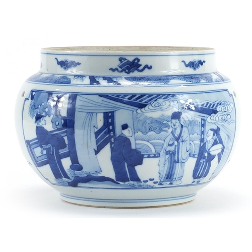 111 - Chinese blue and white porcelain jardiniere hand painted with figures in an interior, 15.5cm high x ... 