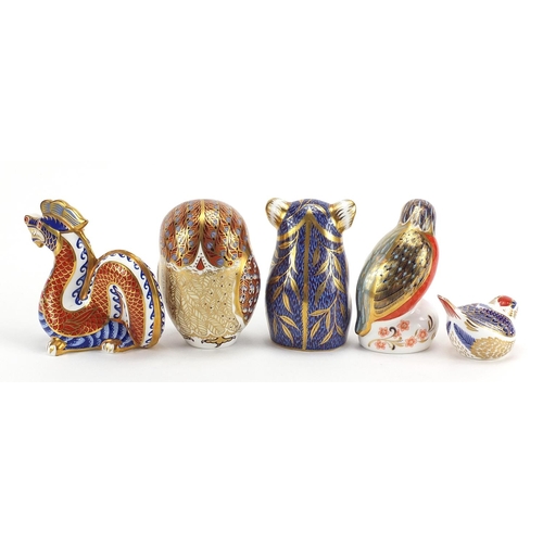 444 - Five Royal Crown Derby Imari porcelain animal paperweights, two with stoppers including koala, drago... 