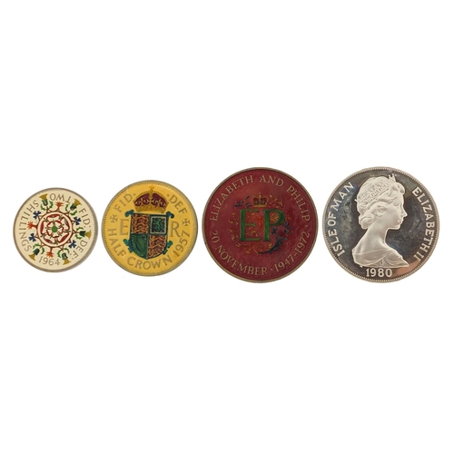 1263 - Elizabeth II coinage comprising three enamelled coins and 1980 Isle of Man silver crown commemoratin... 