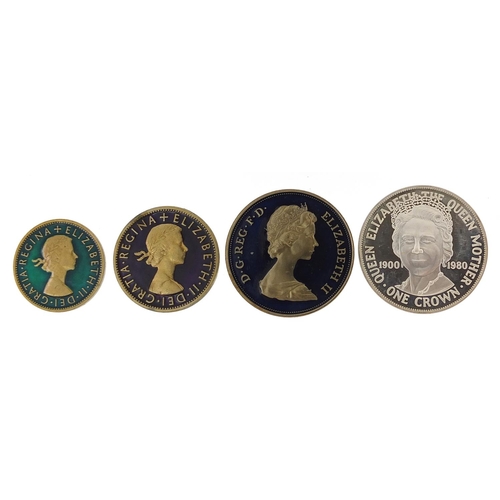 1263 - Elizabeth II coinage comprising three enamelled coins and 1980 Isle of Man silver crown commemoratin... 