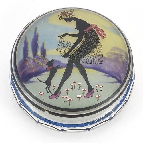 228 - Art Deco glass powder box and cover, the lift off lid hand painted internally and externally with a ... 