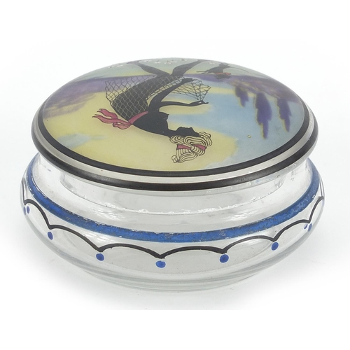 228 - Art Deco glass powder box and cover, the lift off lid hand painted internally and externally with a ... 