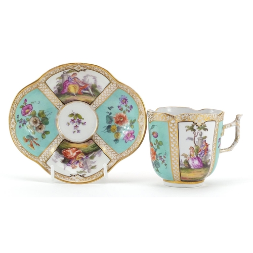 526 - Meissen, German porcelain cup with saucer hand painted with panels of figures and flowers, the sauce... 