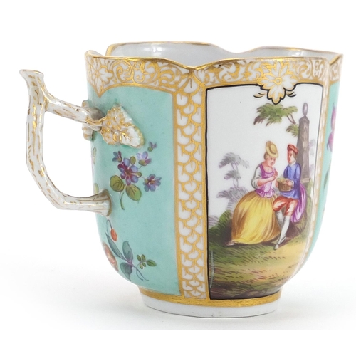 526 - Meissen, German porcelain cup with saucer hand painted with panels of figures and flowers, the sauce... 