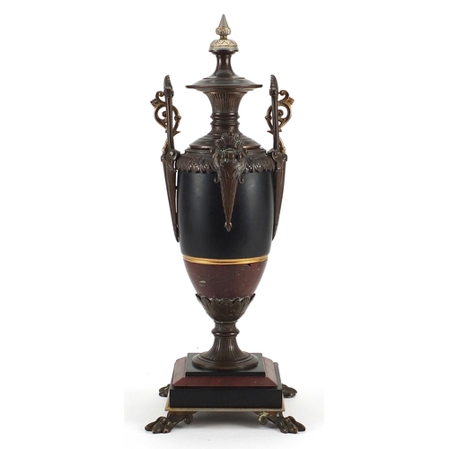 153 - 19th century Grand Tour style rouge marble, black slate and bronzed vase and cover with paw feet, 42... 