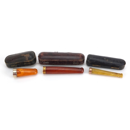 105A - Three amber coloured cheroot cigarette holders with fitted cases including one with 9ct gold mount a... 