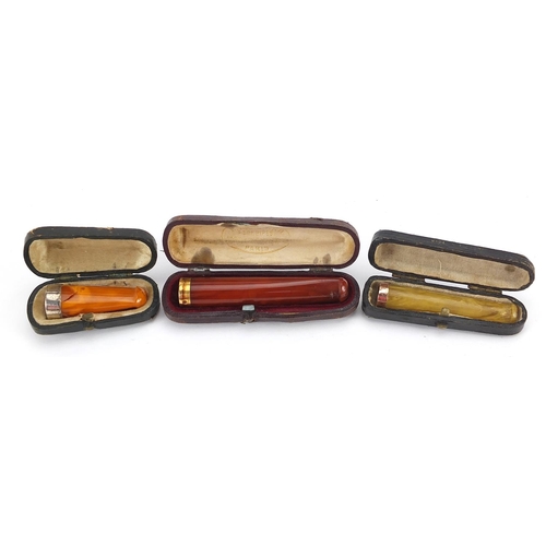 105A - Three amber coloured cheroot cigarette holders with fitted cases including one with 9ct gold mount a... 