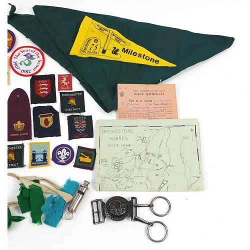 474 - Boy Scouts collectables including badges, buckle and whistle