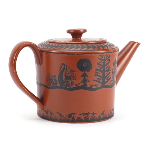 219 - Scottie Wilson for Royal Worcester brown glazed porcelain including teapot, plate and dish, each dec... 