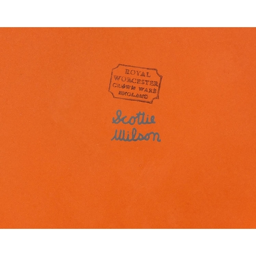 219 - Scottie Wilson for Royal Worcester brown glazed porcelain including teapot, plate and dish, each dec... 