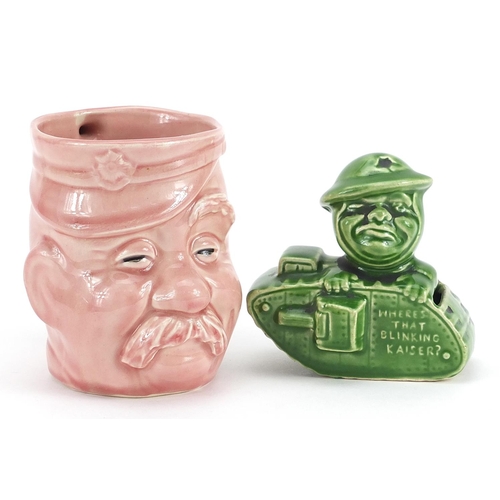 1388 - Military interest Old Bill pink glazed mug and a propaganda tank money box inscribed Where's that Bl... 