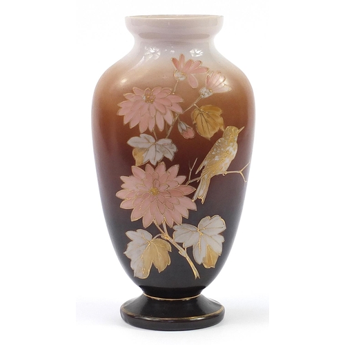 496 - Victorian opaline glass vase hand painted with a bird amongst flowers, 35cm high