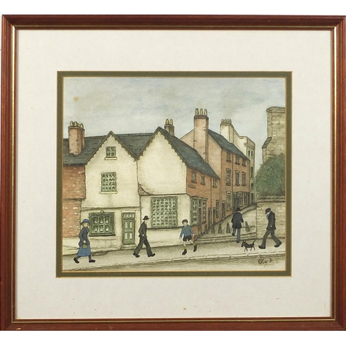 120 - Busy town scene with figures, Northern school ink and watercolour on paper, mounted, framed and glaz... 