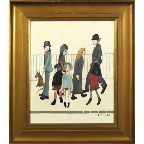 254 - Manner of Laurence Stephen Lowry - Group of figures before railings, Manchester school oil on canvas... 