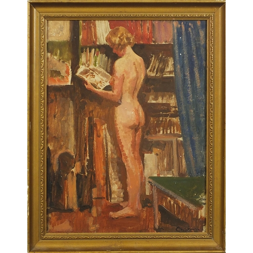 92 - Stephen Chapman - Full length portrait of a standing nude female holding a book, oil on board, vario... 