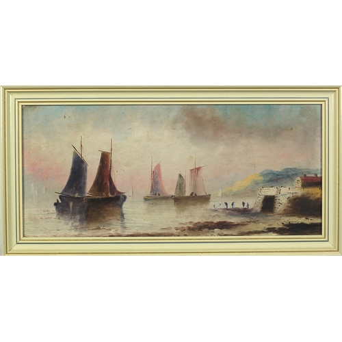 146 - Coastal scene with moored boats, mixed media, mounted and framed, 42.5cm x 19cm excluding the mount ... 