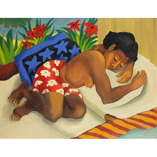 560 - Semi nude female resting, Latin American school oil on canvas, mounted and framed, 49.5cm x 39cm exc... 