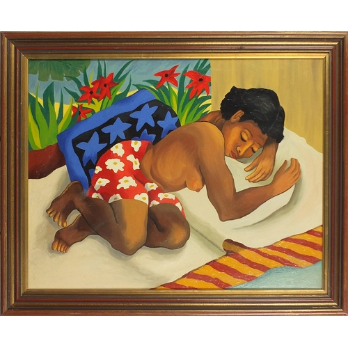 560 - Semi nude female resting, Latin American school oil on canvas, mounted and framed, 49.5cm x 39cm exc... 