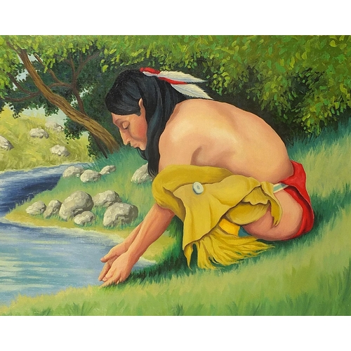 487 - Indian at water's edge, American school oil on canvas, mounted and framed, 49.5cm x 40.5cm excluding... 