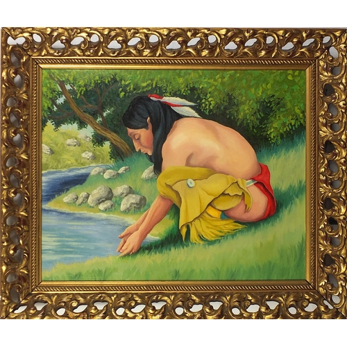 487 - Indian at water's edge, American school oil on canvas, mounted and framed, 49.5cm x 40.5cm excluding... 