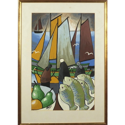 581 - After Markey Robinson - Harbour scene with figures and moored boats, Irish school gouache on paper, ... 