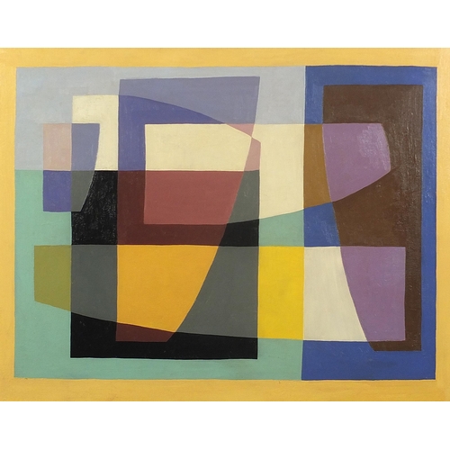 485 - Abstract composition, geometric shapes, American school oil on Masonite, mounted and framed, 49cm x ... 