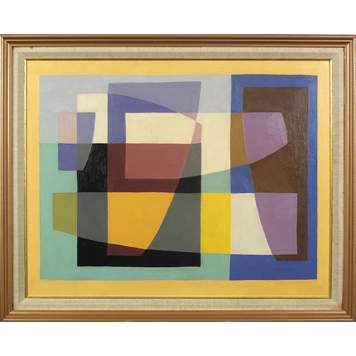 485 - Abstract composition, geometric shapes, American school oil on Masonite, mounted and framed, 49cm x ... 