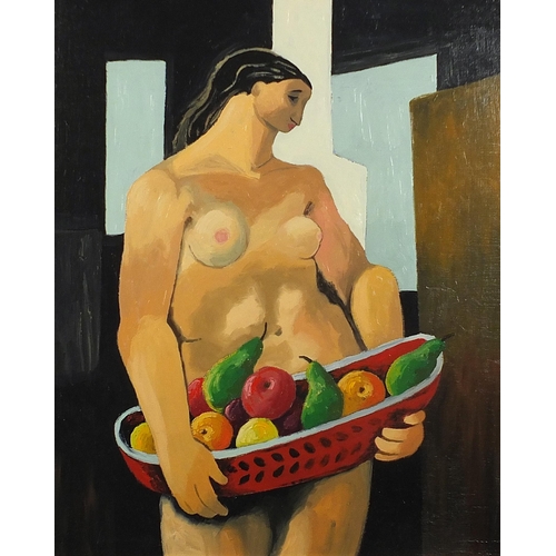 534 - Nude female holding a basket of fruit, European school oil on Masonite, framed, 50.5cm x 41cm exclud... 