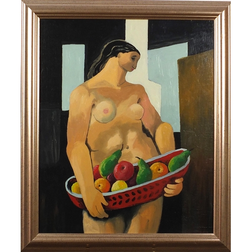 534 - Nude female holding a basket of fruit, European school oil on Masonite, framed, 50.5cm x 41cm exclud... 