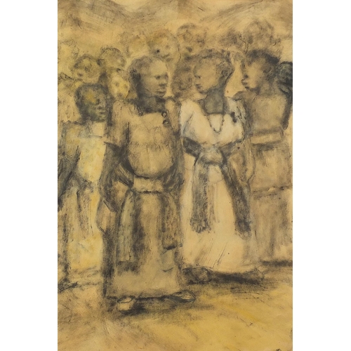 618 - Eddie Kivambi - Baganda Women Ready for a Party, African school charcoal, mounted, framed and glazed... 