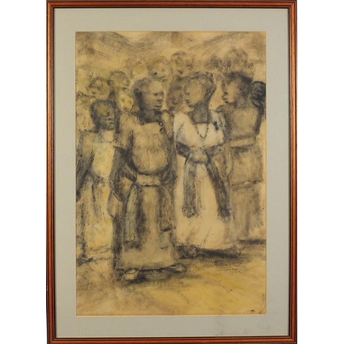 618 - Eddie Kivambi - Baganda Women Ready for a Party, African school charcoal, mounted, framed and glazed... 