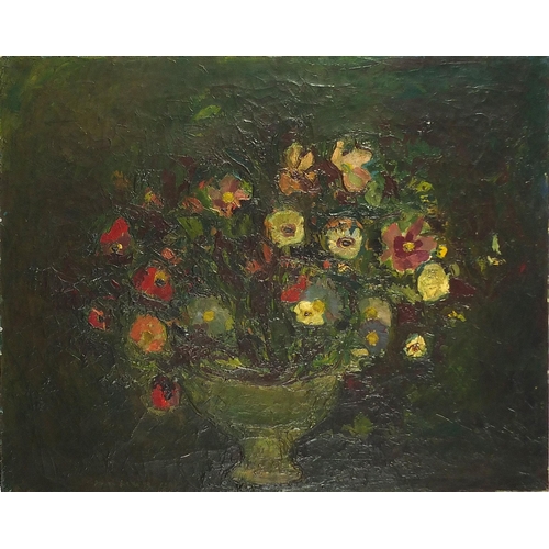 123 - Flowers in a French jardiniere, impasto oil on canvas, label verso, unframed, 81cm x 65cm