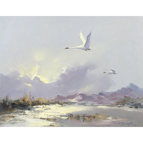 251 - Howard Devonald - Birds in flight, pair of oil on canvasses, mounted and framed, each 44cm x 34cm ex... 