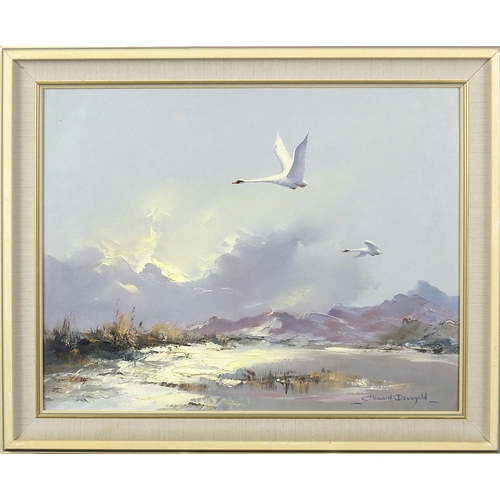 251 - Howard Devonald - Birds in flight, pair of oil on canvasses, mounted and framed, each 44cm x 34cm ex... 