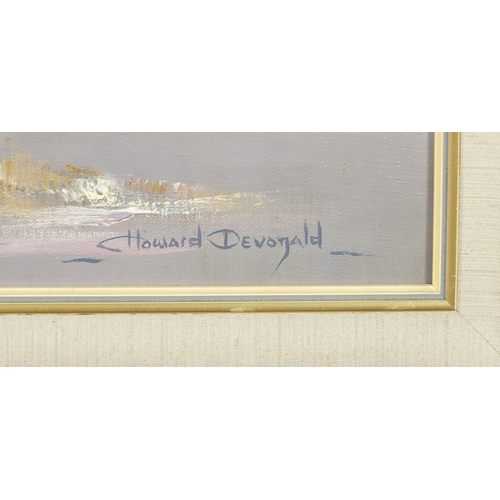 251 - Howard Devonald - Birds in flight, pair of oil on canvasses, mounted and framed, each 44cm x 34cm ex... 