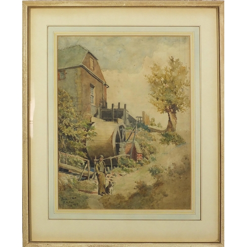 489 - H Higgs 1919 - Polegate Mill, Sussex, early 20th century watercolour, mounted, framed and glazed, 44... 