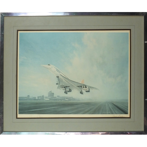 1397 - Gerald Coulson - Concorde taking off from a runway, pencil signed print in colour, also signed by pi... 