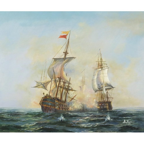 532 - John Ambrose - Warships at sea, naval interest oil on canvas, mounted and framed, 59.5cm x 49.5cm ex... 