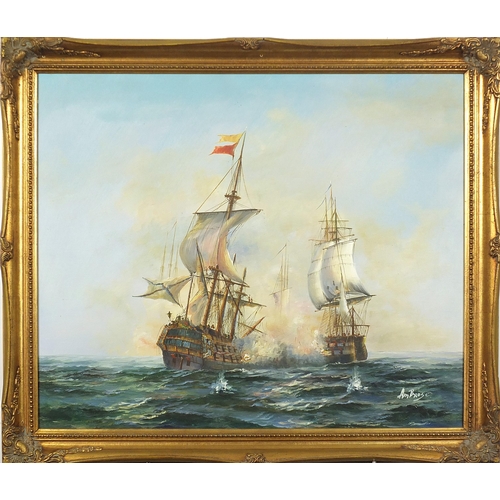 532 - John Ambrose - Warships at sea, naval interest oil on canvas, mounted and framed, 59.5cm x 49.5cm ex... 