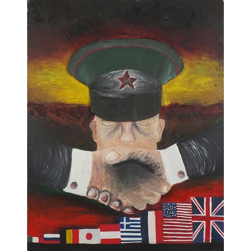 533 - Russian figure wearing a cap with flags, political interest oil and collage on canvas, unframed, 91c... 