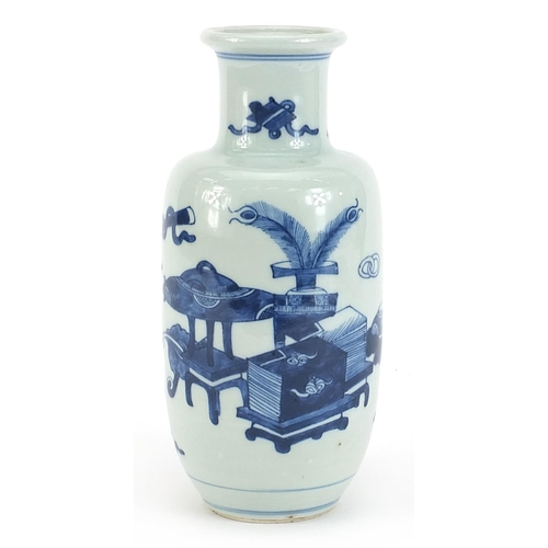 365 - Chinese blue and white porcelain vase hand painted with lucky objects and Daoist emblems, 21cm high