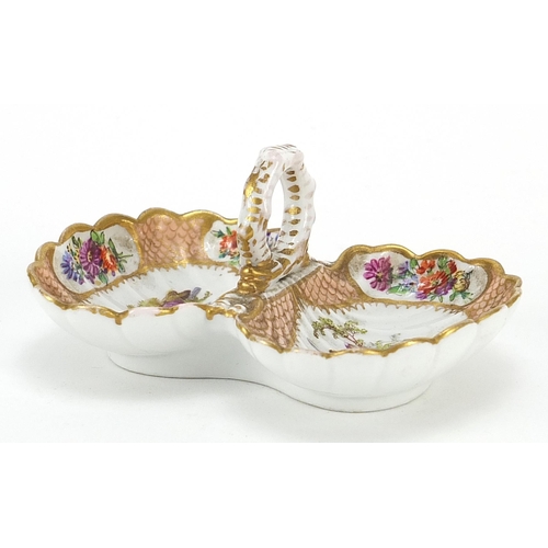 353 - Meissen, German porcelain double shell salt hand painted with lovers and flowers, 10.5cm in length