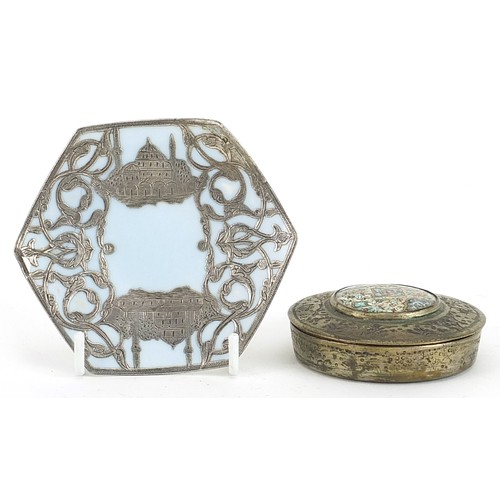 1019 - Islamic white metal box and cover and a porcelain dish with white metal overlay, the largest 9.5cm w... 