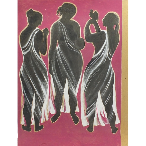 509A - Christine Nisbet - Three figures wearing Grecian robes, unsigned oil on card, unframed, 123cm x 83cm... 