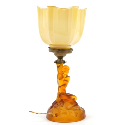 236 - Walther & Sohne, Art Deco amber glass candlestick converted to an electric table lamp with glass sha... 