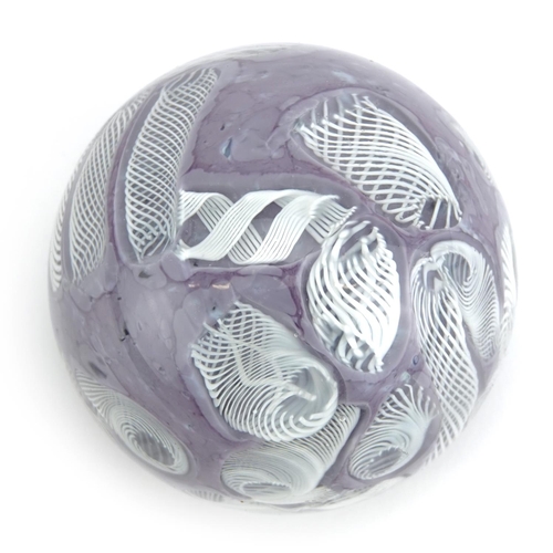 519A - Latticino purple and white glass paperweight, 8cm in diameter