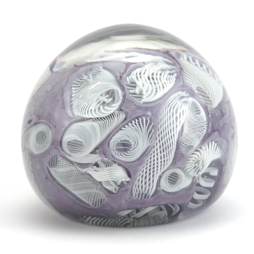 519A - Latticino purple and white glass paperweight, 8cm in diameter