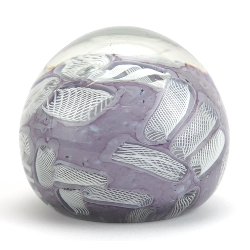 519A - Latticino purple and white glass paperweight, 8cm in diameter