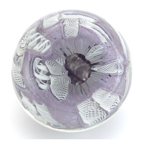 519A - Latticino purple and white glass paperweight, 8cm in diameter